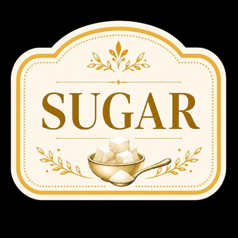 May include: A rectangular label with rounded corners featuring a cream background and gold border. The word SUGAR is printed in large gold letters. Below, a gold bowl holds white sugar cubes, with a gold spoon containing loose sugar in front.