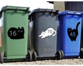 Personalised Wheelie Bin Sticker Cat Silhouette Custom Number House Number Sticker Wheely Bin Dustbin