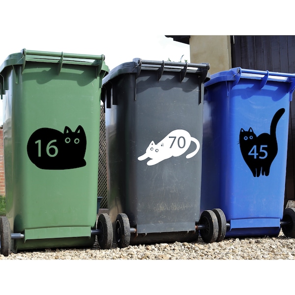 Personalised Wheelie Bin Sticker Cat Silhouette Custom Number House Number Sticker Wheely Bin Dustbin