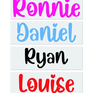 May include: Four rectangular labels with names in a cursive font. The names are Ronnie in pink, Daniel in light blue, Ryan in black, and Louise in red. Each name is centered on a white label.