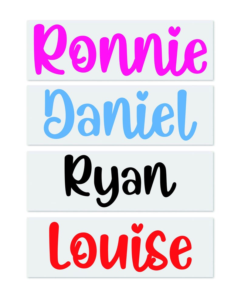 May include: Four rectangular labels with names in a cursive font. The names are Ronnie in pink, Daniel in light blue, Ryan in black, and Louise in red. Each name is centered on a white label.