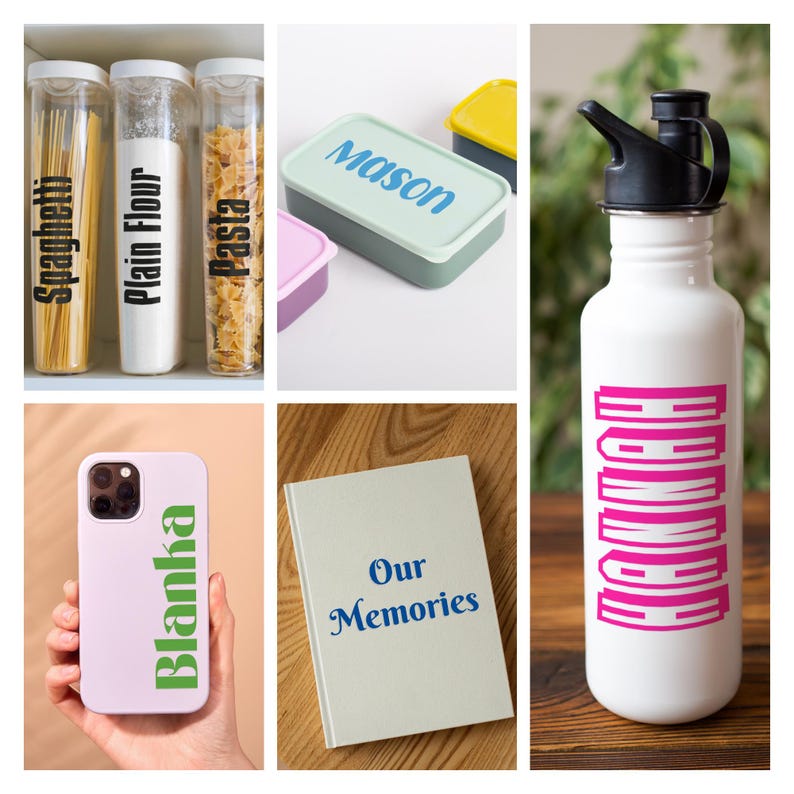 Puede incluir: Un collage de art&iacute;culos personalizados, que incluye una botella de agua blanca con la palabra "HUNKY" en letras rosas, una funda de tel&eacute;fono blanca con el nombre "Blanka" en letras verdes, una fiambrera blanca con el nombre "Mason" en letras azules, una libreta blanca con las palabras "Our Memories" en letras azules, y tres recipientes transparentes etiquetados como "Spaghetti", "Plain Flour" y "Pasta".