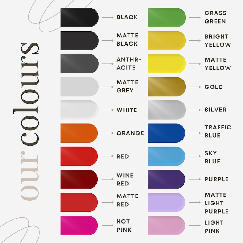 Puede incluir: Un gr&aacute;fico que muestra diferentes colores con sus nombres. Los colores incluyen negro, negro mate, antracita, gris mate, blanco, naranja, rojo, rojo vino, rojo mate, rosa intenso, verde hierba, amarillo brillante, amarillo mate, dorado, plateado, azul tr&aacute;fico, azul cielo, morado, morado claro mate y rosa claro.