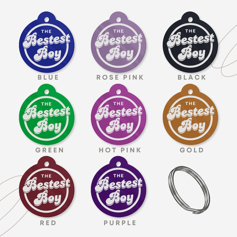 Puede incluir: Una colecci&oacute;n de etiquetas para mascotas de colores: azul, rosa, negro, verde, rosa intenso, dorado, rojo y morado. Cada etiqueta es redonda con el texto "The Bestest Boy" en un estilo retro. Tambi&eacute;n se incluye un llavero plateado.
