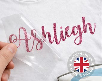 Personalised Glitter Iron On Name Label | Custom HTV Vinyl for Clothes, T-Shirts & Bags | DIY Wash Safe Name Transfer