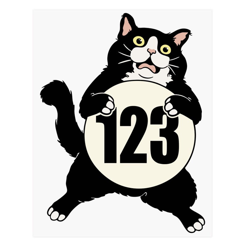 May include: A cartoon illustration of a black and white cat holding a cream-colored circle with the number 123 in bold black font. The cat has yellow eyes and a surprised expression.