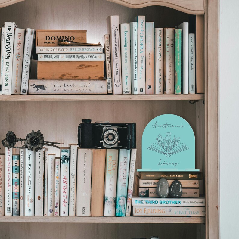 May include: A wooden bookshelf with a variety of books, including "The Help", "Oh Dear Silvia", "The Book Thief", "Becoming a Person", "Synchrodestiny", "The Sister's Keeper", and "The Third Brother". A blue and white bookend with the text "Anastasia's Library" is on the bottom shelf.