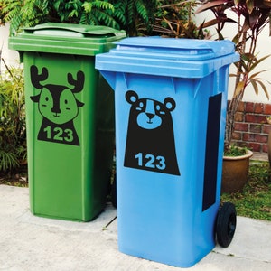 Wheelie Bin Personalised Sticker Custom Number House Number Funny Cartoon Woodland Animal Characters, 3 Designs & Range Of Colours Available