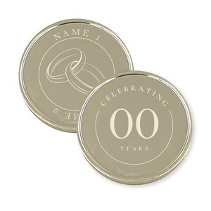 May include: Two silver-colored coins with a beige background. One coin features a pair of intertwined rings and the text "NAME 1". The other coin features the text "CELEBRATING 00 YEARS".