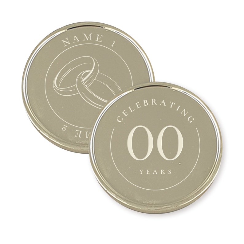 May include: Two silver-colored coins with a beige background. One coin features a pair of intertwined rings and the text "NAME 1". The other coin features the text "CELEBRATING 00 YEARS".