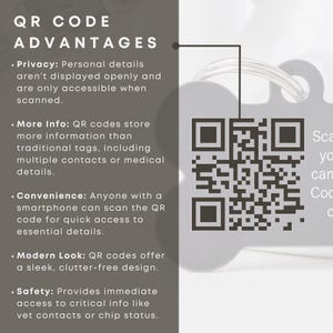 May include: A white and gray graphic with the text "QR CODE ADVANTAGES" and a list of advantages of using QR codes. The graphic also includes a black and white QR code.
