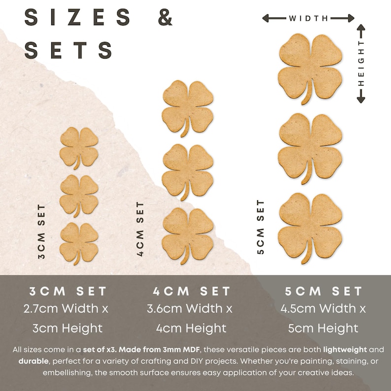 May include: Wooden clover shapes in sets of three, available in 3cm, 4cm, and 5cm sizes. The image shows the dimensions: 2.7cm width x 3cm height, 3.6cm width x 4cm height, and 4.5cm width x 5cm height. Ideal for crafting and DIY projects.