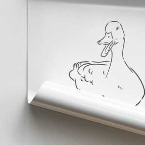 May include: A black and white line drawing of a duck with its beak open, as if it is quacking. The duck is facing the right side of the image.
