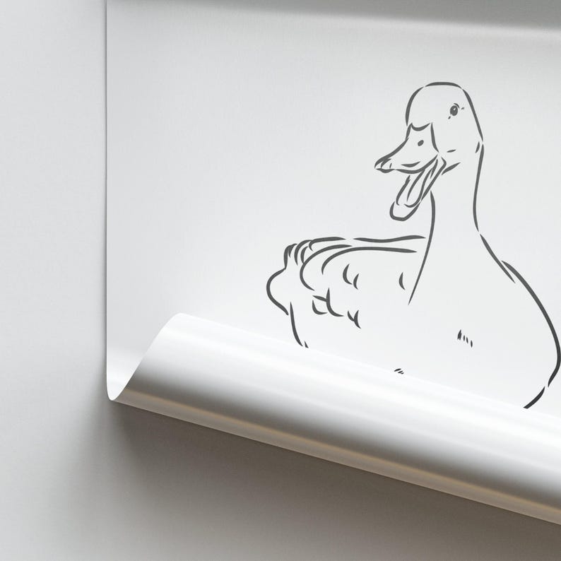 May include: A black and white line drawing of a duck with its beak open, as if it is quacking. The duck is facing the right side of the image.
