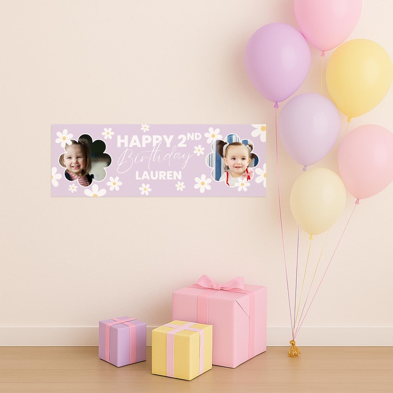 May include: A lavender banner with the text "HAPPY 2ND Birthday Lauren" and daisy accents. Two photos of a young child are featured in flower-shaped cutouts. Pastel balloons and wrapped gifts are also visible.