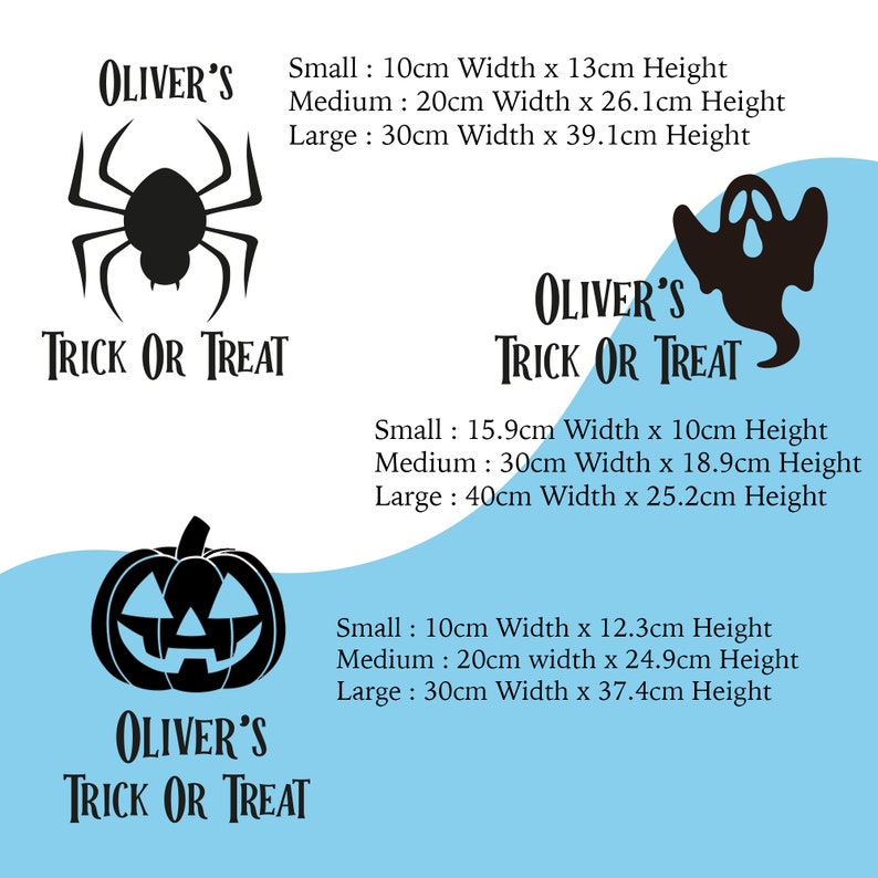 K&ouml;nnte beinhalten: Drei Halloween-Motive f&uuml;r Trick or Treat Schilder mit unterschiedlichen Designs. Das erste Schild zeigt eine schwarze Spinne, das zweite ein schwarzes Gespenst und das dritte einen schwarzen K&uuml;rbis. Jedes Schild tr&auml;gt den Text "Oliver's Trick or Treat" und bietet Gr&ouml;&szlig;enoptionen in Zentimetern.