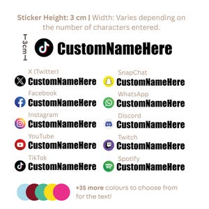 May include: A sheet of stickers with social media icons and the text "CustomNameHere". The sticker height is 3 cm. Icons include TikTok, Twitter, Facebook, Instagram, YouTube, and more. The text color can be customized with over 35 colors.