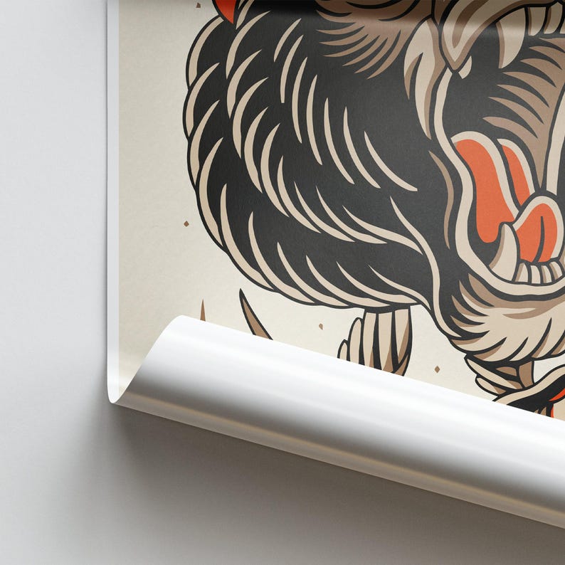 Tatuaje tradicional - Póster de oso: Lámina de arte de tatuajes / Diseños vintage / Arte mural clásico inspirado en la tinta / Decoración alternativa para el hogar imagen 3