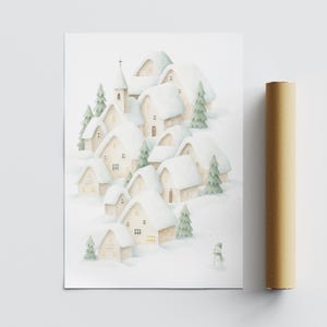 May include: A watercolour illustration depicts a snow-covered village with houses, a church, and evergreen trees. A small snowman is in the snow. The artwork is on a white background, with a brown tube on the right.