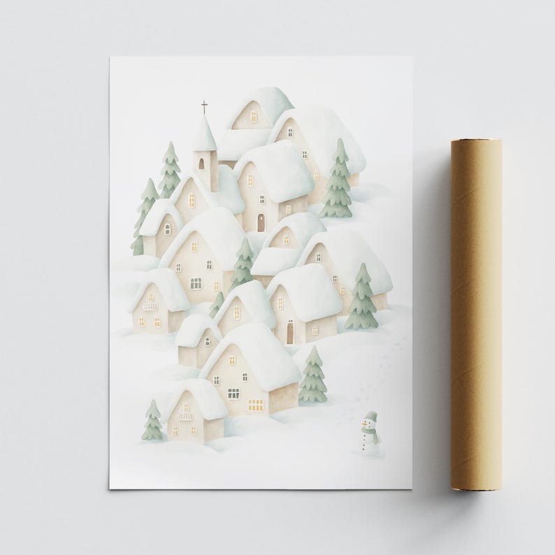 May include: A watercolour illustration depicts a snow-covered village with houses, a church, and evergreen trees. A small snowman is in the snow. The artwork is on a white background, with a brown tube on the right.
