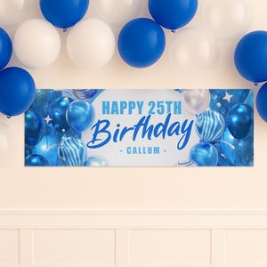 May include: A banner with the text "HAPPY 25TH Birthday - CALLUM -" in blue script, surrounded by blue and white balloons. The banner is rectangular and hangs against a white wall, with additional balloons overhead.