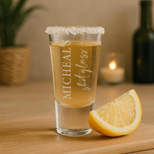 May include: A clear shot glass with a salted rim, filled with a golden liquid. The glass has the text "MICHEAL'S shot glass" in a script font. A lemon wedge rests beside the glass on a wooden surface.