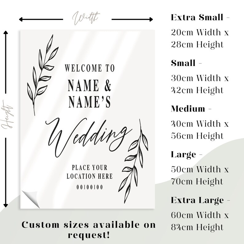 Pode incluir: Um cartaz de casamento preto e branco com um design floral. O cartaz diz "Bem-vindos ao casamento de NAME & NAME'S" e inclui espa&ccedil;o para adicionar uma localiza&ccedil;&atilde;o e um c&oacute;digo. O cartaz est&aacute; dispon&iacute;vel em v&aacute;rios tamanhos: Extra pequeno (20 cm x 28 cm), Pequeno (30 cm x 22 cm), M&eacute;dio (40 cm x 56 cm), Grande (50 cm x 70 cm) e Extra grande (60 cm x 82 cm).