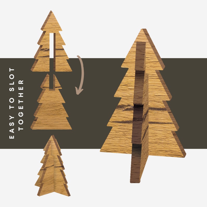 May include: A wooden Christmas tree that is made of three pieces that slot together. The pieces are shown separately and assembled. "EASY TO SLOT TOGETHER" is written on the left side of the image.