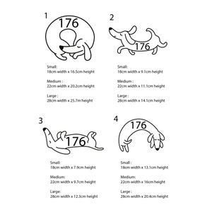 May include: Four black and white illustrations of a dachshund dog with the number 176 in a circle. Each illustration shows the dog in a different pose. The text below each illustration lists the size options and dimensions in centimeters.