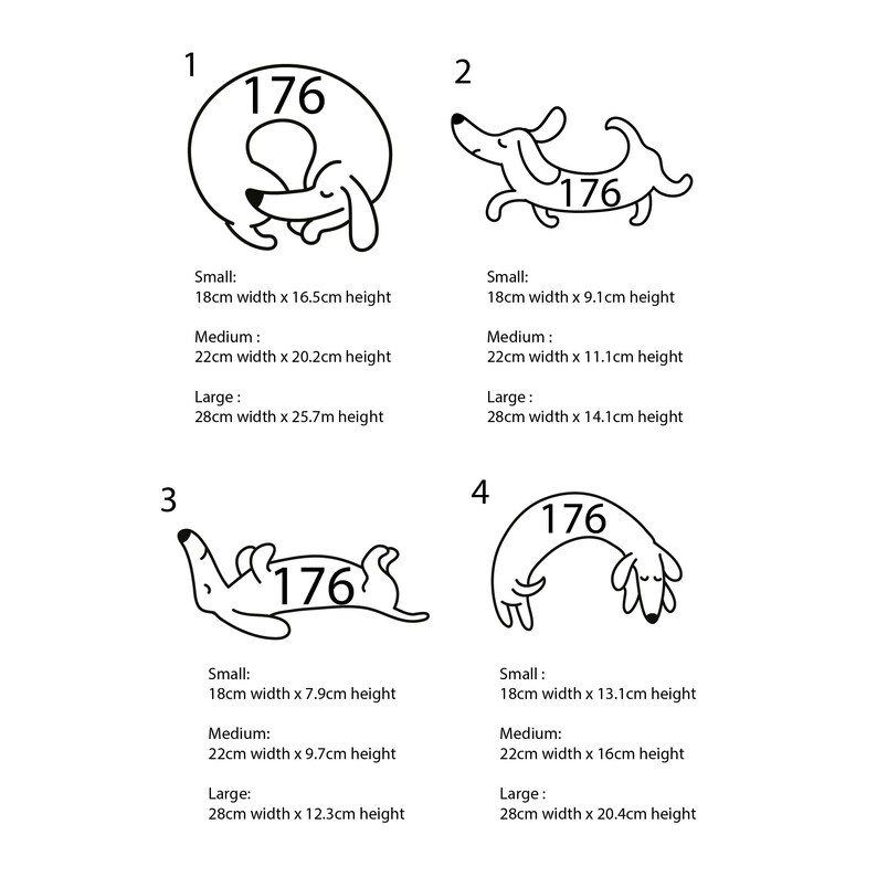 May include: Four black and white illustrations of a dachshund dog with the number 176 in a circle. Each illustration shows the dog in a different pose. The text below each illustration lists the size options and dimensions in centimeters.