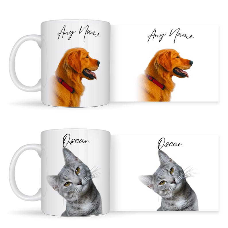 May include: White ceramic mugs featuring pet portraits. One mug displays a golden retriever with the text "Any Name", and the other shows a gray tabby cat with the name "Oscar". Each mug has a matching card.