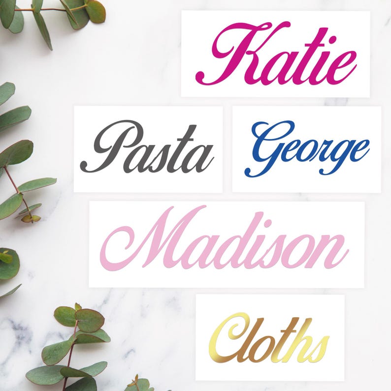 May include: Five different names written in cursive script on white backgrounds. The names are Katie in pink, Pasta in gray, George in blue, Madison in pink, and Cloths in gold.