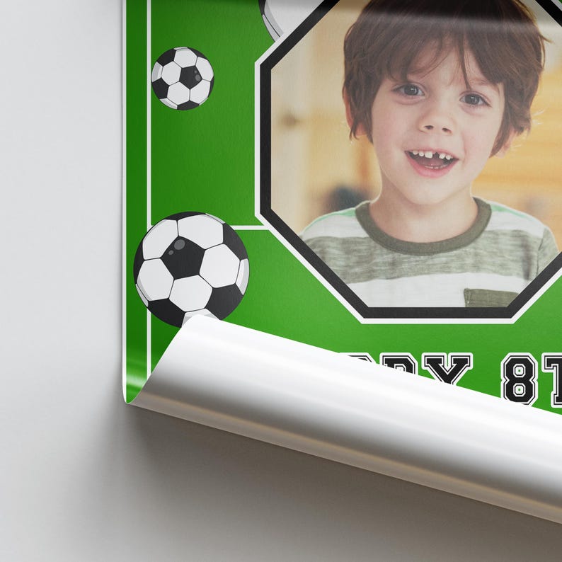 May include: A green poster with soccer balls and a photo of a smiling child. The poster has a white border and the words "Happy Birthday" and the number "81" in black.