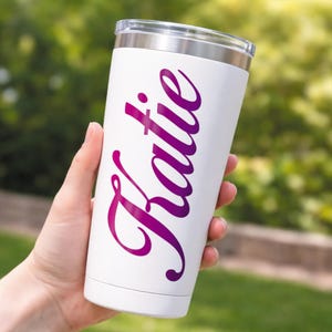 Personalised Name Sticker | Custom Script Name Pink & Purple Gradient Vinyl Decal | Waterproof Label for Bottle or Case image 2