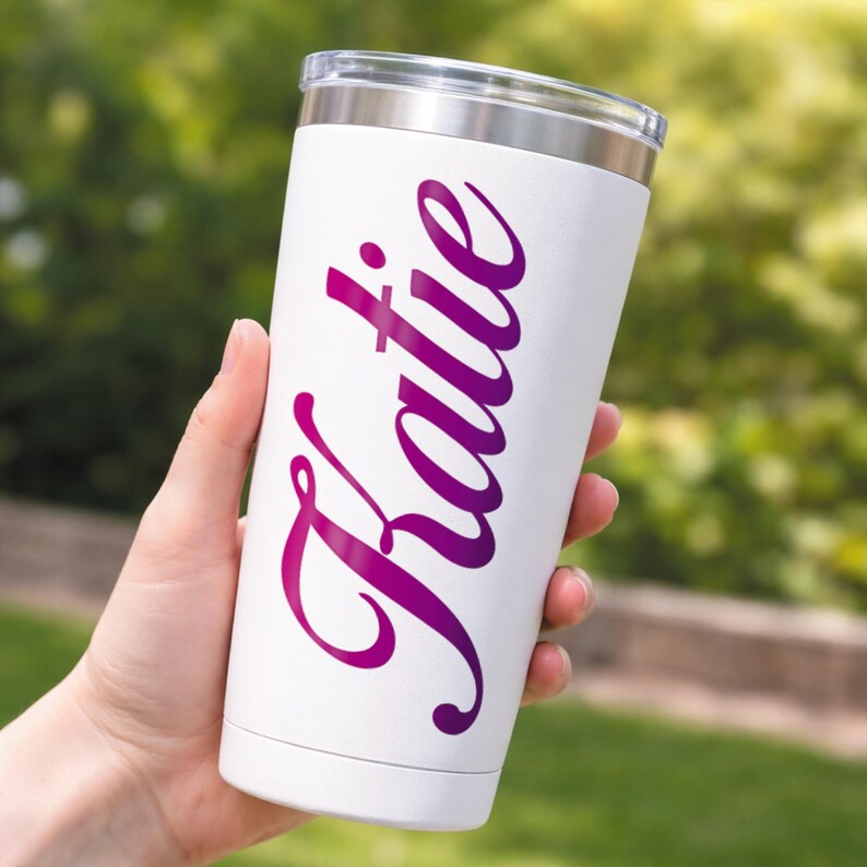 Personalised Name Sticker | Custom Script Name Pink & Purple Gradient Vinyl Decal | Waterproof Label for Bottle or Case image 2