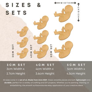 May include: Wooden baby-shaped cutouts in sets of three. Sizes include 3cm wide x 2.7cm high, 4cm wide x 3.6cm high, and 5cm wide x 4.5cm high. The image includes the text "SIZES & SETS".