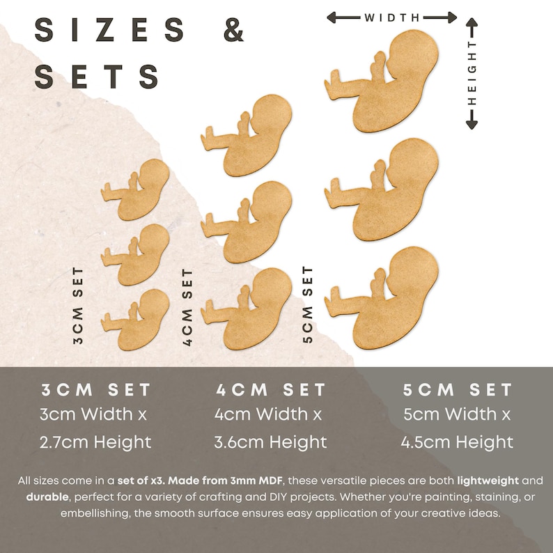 May include: Wooden baby-shaped cutouts in sets of three. Sizes include 3cm wide x 2.7cm high, 4cm wide x 3.6cm high, and 5cm wide x 4.5cm high. The image includes the text "SIZES & SETS".