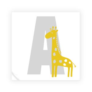 May include: A gray letter A with a yellow giraffe standing next to it. The giraffe has a spotted pattern.