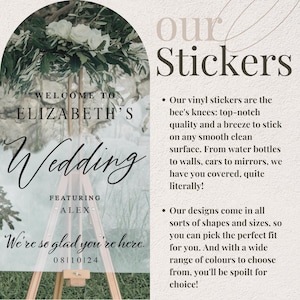 May include: A white arch with greenery and flowers, with the text "WELCOME TO ELIZABETH'S Wedding FEATURING ALEX We're so glad you're here. 08110124" on it. The text "our Stickers" is on the right side of the image. The text below "our Stickers" describes the features of the stickers.
