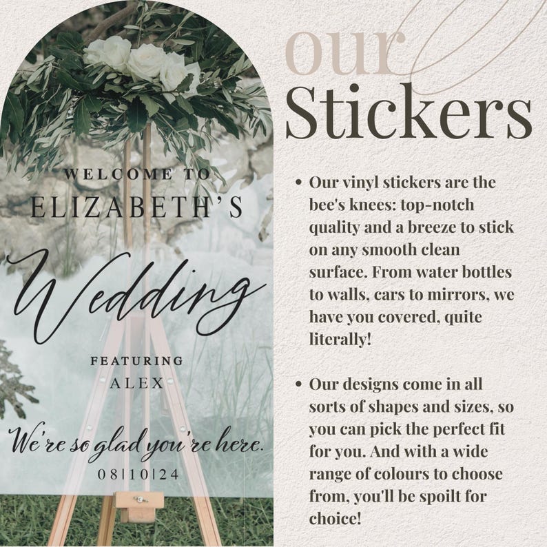 May include: A white arch with greenery and flowers, with the text "WELCOME TO ELIZABETH'S Wedding FEATURING ALEX We're so glad you're here. 08110124" on it. The text "our Stickers" is on the right side of the image. The text below "our Stickers" describes the features of the stickers.