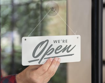 Open & Closed Hanging Shop Sign - Classic Script: Business Essentials, Door Sign with Suction Cup – Double-Sided Hanging Plaque, Shop Decor