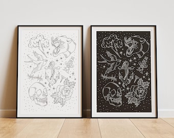 Traditional Tattoo - Line Poster: Vintage Tattoo Style Sheet Art Poster | Classic Tattoo Design Wall Art | Alternative Home Decor