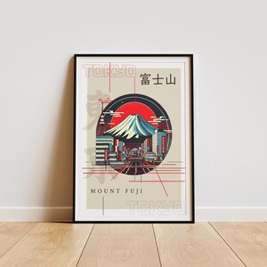 May include: A minimalist poster with a geometric design featuring Mount Fuji, a cityscape, and the text "TOKYO 富士 山 MOUNT FUJI TOKYO" in red and black.