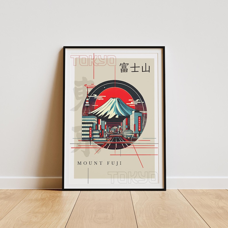 May include: A minimalist poster with a geometric design featuring Mount Fuji, a cityscape, and the text "TOKYO 富士 山 MOUNT FUJI TOKYO" in red and black.