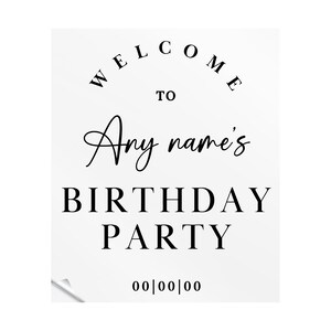 May include: Black and white welcome sign with the text "Welcome to Any name's Birthday Party" and the date "00|00|00".