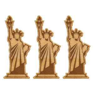 May include: Three wooden cutout figures of the Statue of Liberty, each with a torch held high. The figures are brown and have a textured surface.