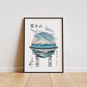 Pu&ograve; includere: Stampa artistica incorniciata raffigurante il Monte Fuji con un tradizionale cancello giapponese, fiori di ciliegio e gru. L'opera d'arte ha una tavolozza di colori blu, bianco e rosa, con il testo giapponese "富士山" in alto e "Mount Fuji" a destra.