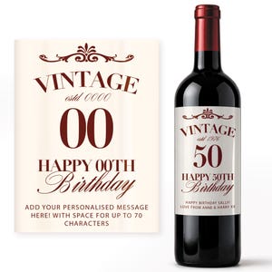 May include: A dark red wine bottle with a white label featuring the text "VINTAGE estd 1976 50 HAPPY 50TH Birthday". A matching card displays "VINTAGE estd 0000 00 HAPPY 00TH Birthday". The text is in a burgundy color.