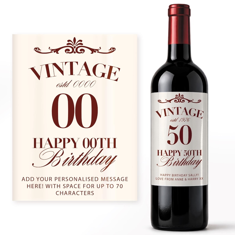 May include: A dark red wine bottle with a white label featuring the text "VINTAGE estd 1976 50 HAPPY 50TH Birthday". A matching card displays "VINTAGE estd 0000 00 HAPPY 00TH Birthday". The text is in a burgundy color.