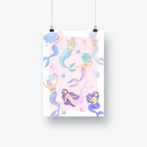 May include: A poster featuring watercolor illustrations of mermaids in various poses. The mermaids have colorful hair and tails, with a pastel pink background. The design includes starfish and bubbles.